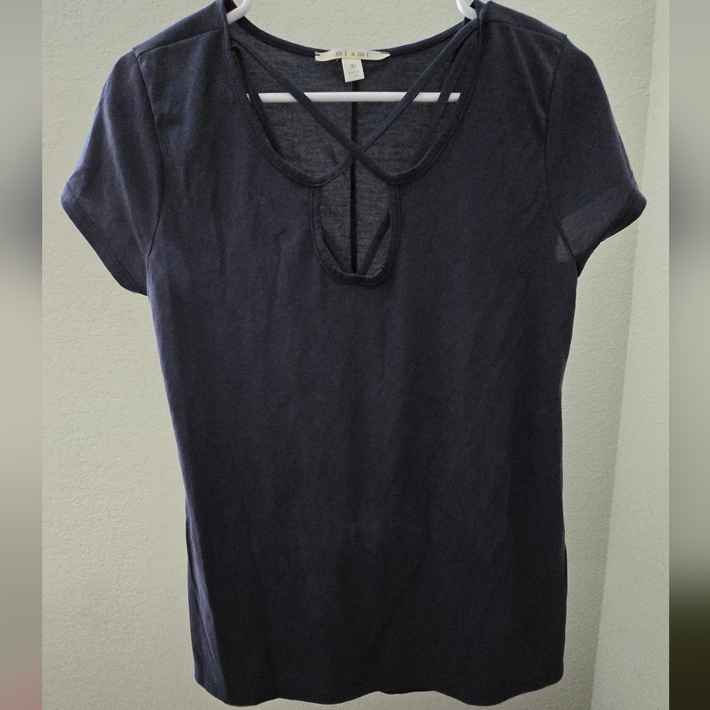 a new day Dark Blue Blouse with Keyhole Design